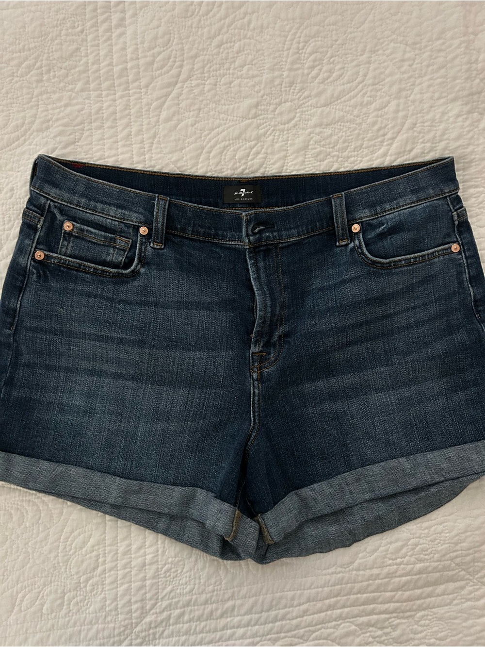 7 For All Mankind Dark Blue Rolled-Hem Jean Shorts